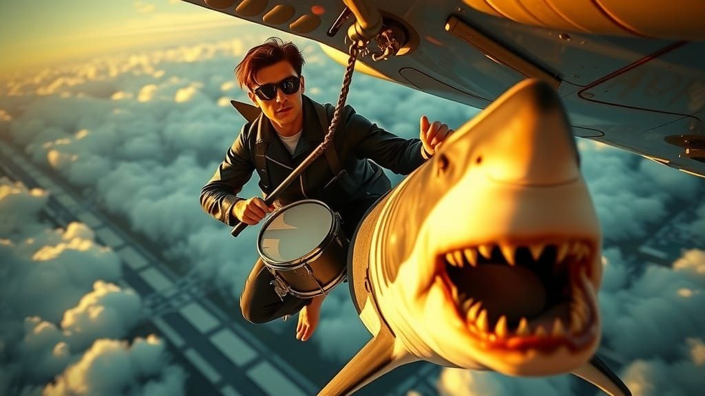 Man Plays Drums Blindfolded in Free Fall with Shark Leash