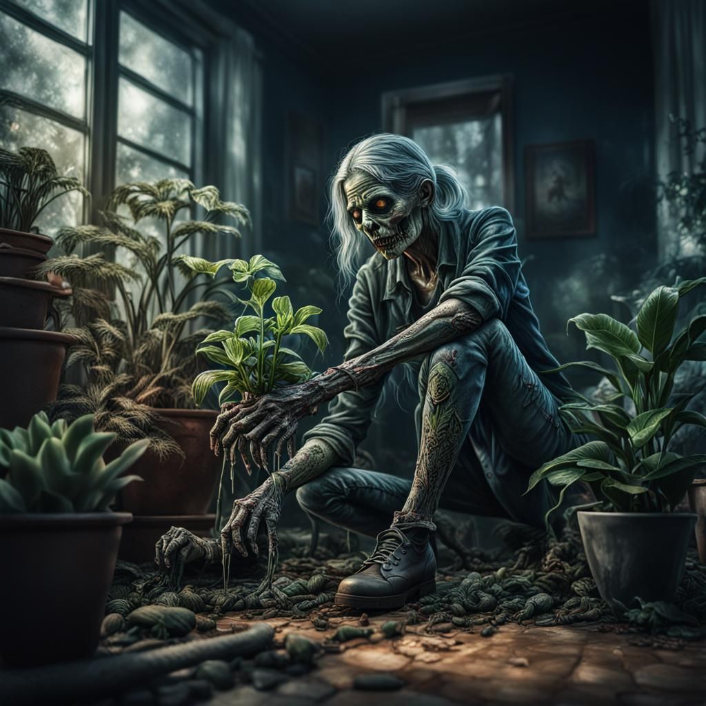 Hyperrealistic Zombie Woman Caring for Houseplant