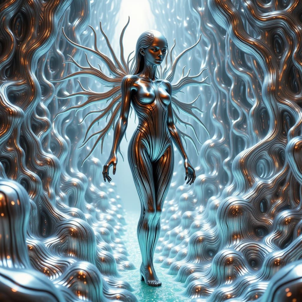 Ferrofluid Android Fairy in Cyberpunk Mecha Tesseract