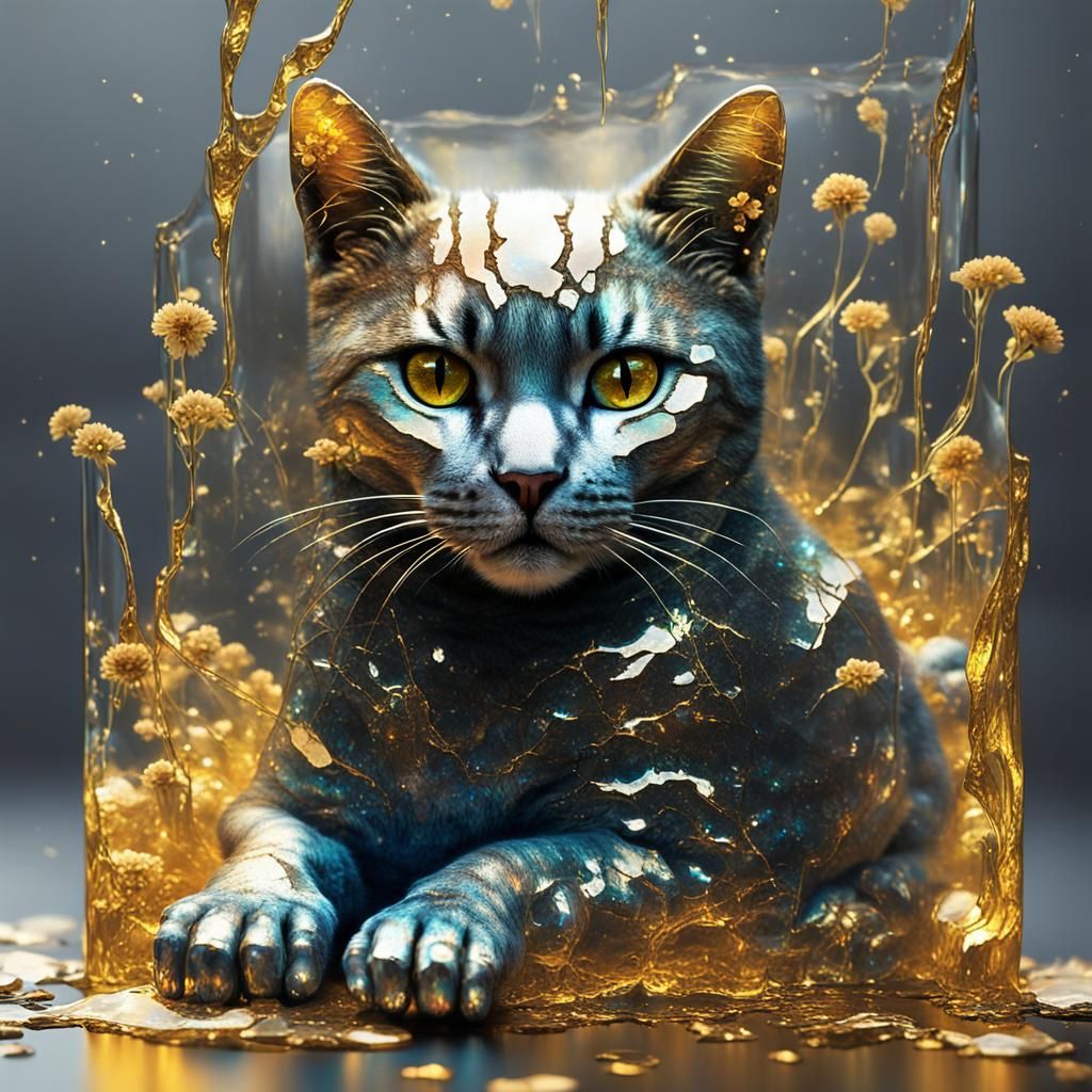 Holographic Stone Cat with Flowers in Hyper-Realism