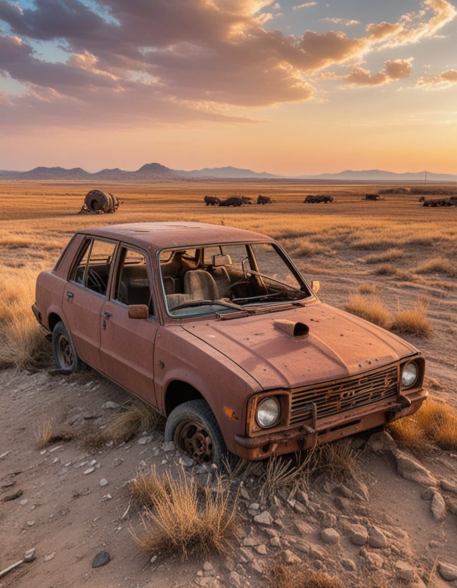 Rusty Wreckage Exposed on Arid Steppe Landscape at Sunset