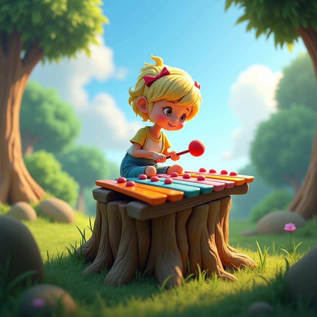 Blonde Girl Plays Xylophone in Whimsical Forest