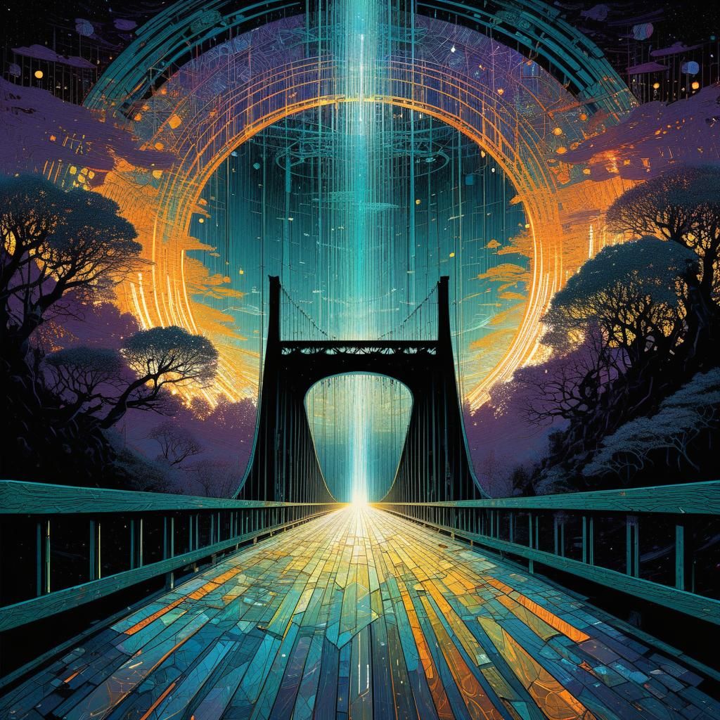 Futuristic Bridge in Glitchcore Style with Platinum Rays