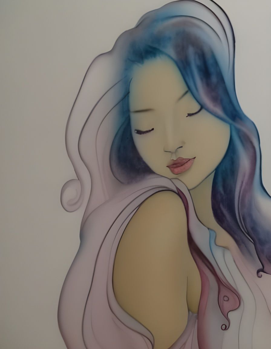 Asian Woman in Chemise: Art Nouveau Watercolor