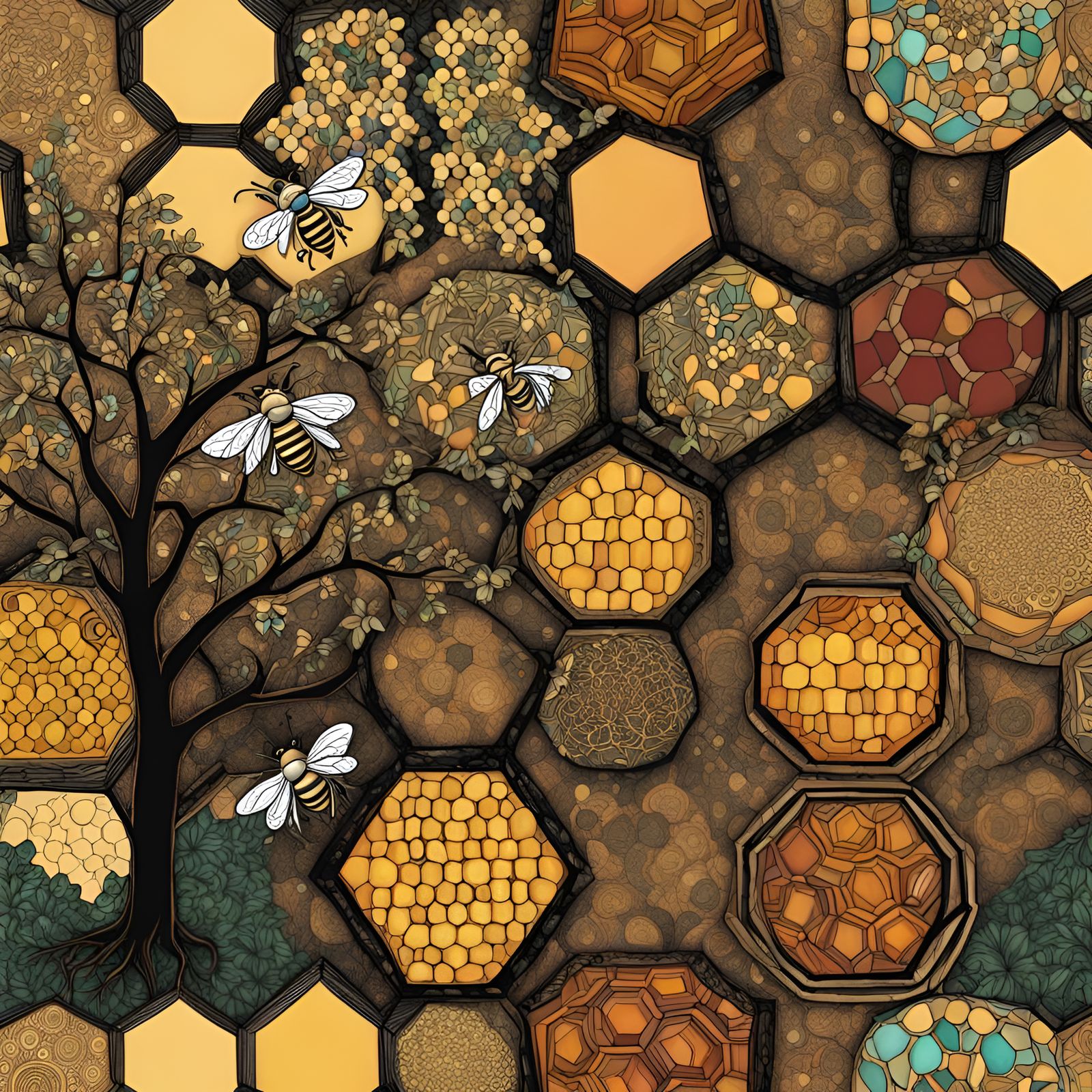 Colorful Beehive in Tree, Detailed Zentangle Art