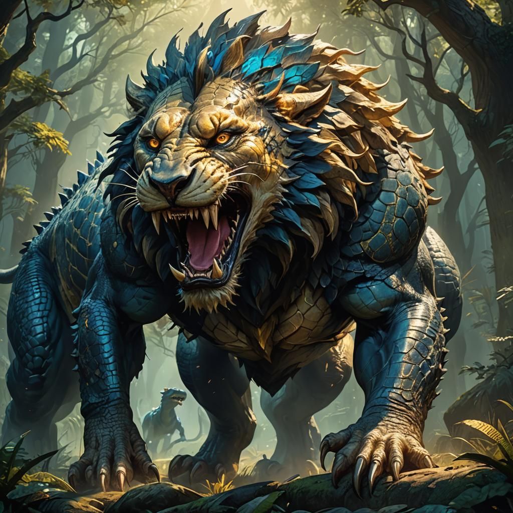 Majestic Lion-Crocodile Hybrid in Mystical Forest