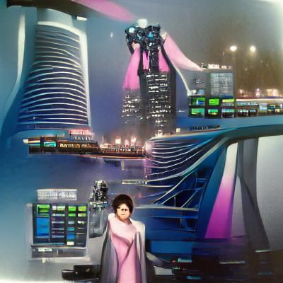 Woman on Bridge with Vaporwave Cityscape