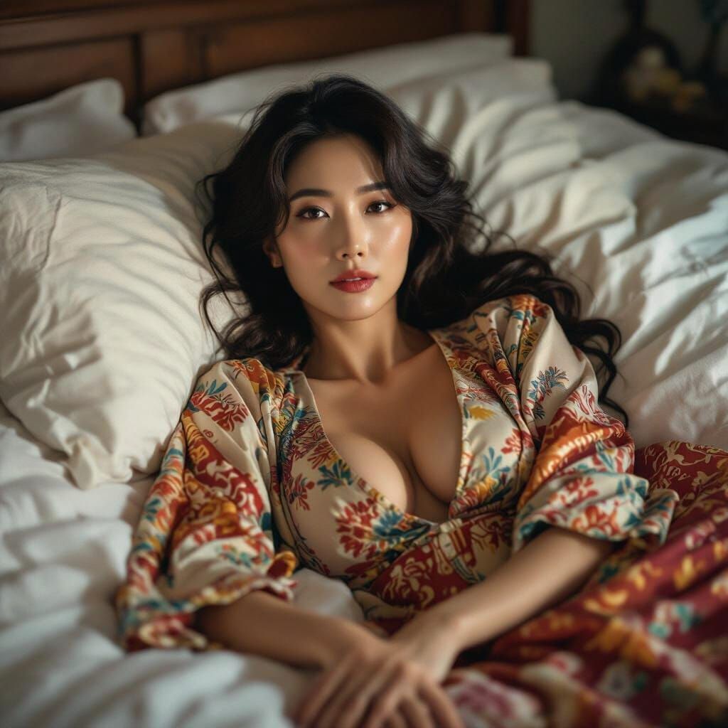 Sultry Korean Woman Poses on Bed in Cinematic Film Still