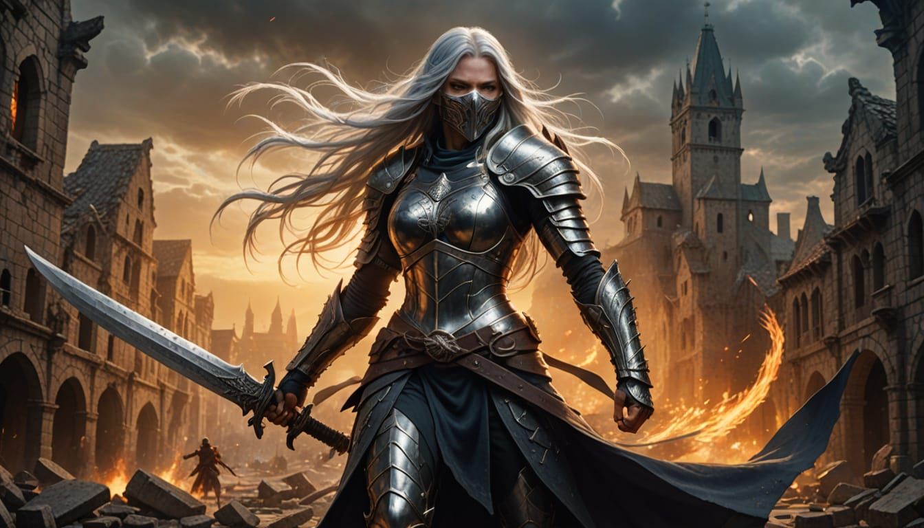 Female Warrior in Ancient Ruins