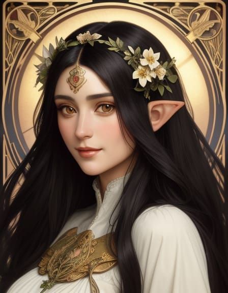 Serene Art Nouveau Woman with Intricate Floral Hairdo