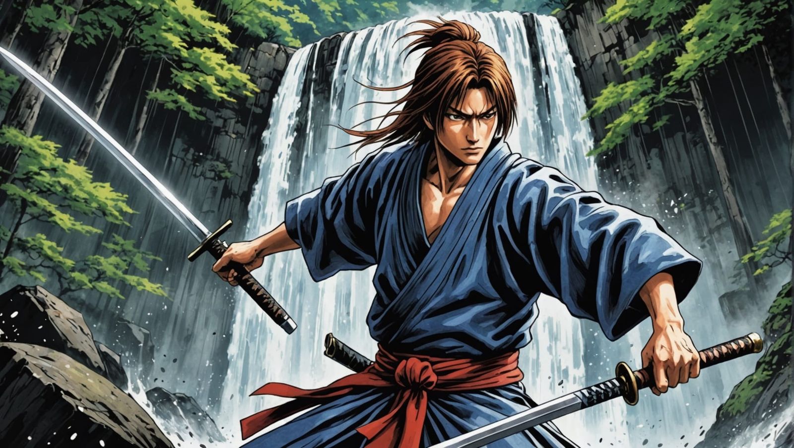 Kenshin Himura Sword Fight Portrait in Manga Style