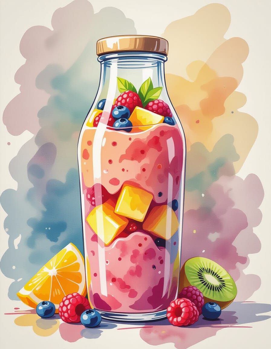 Colorful Fruit Smoothie in Watercolor Style