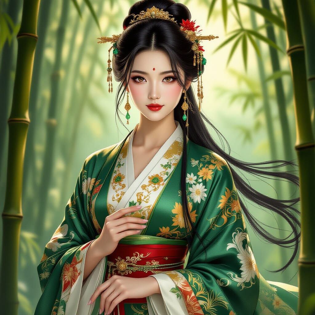 Elegant Asian Princess in Mystical Bamboo Grove