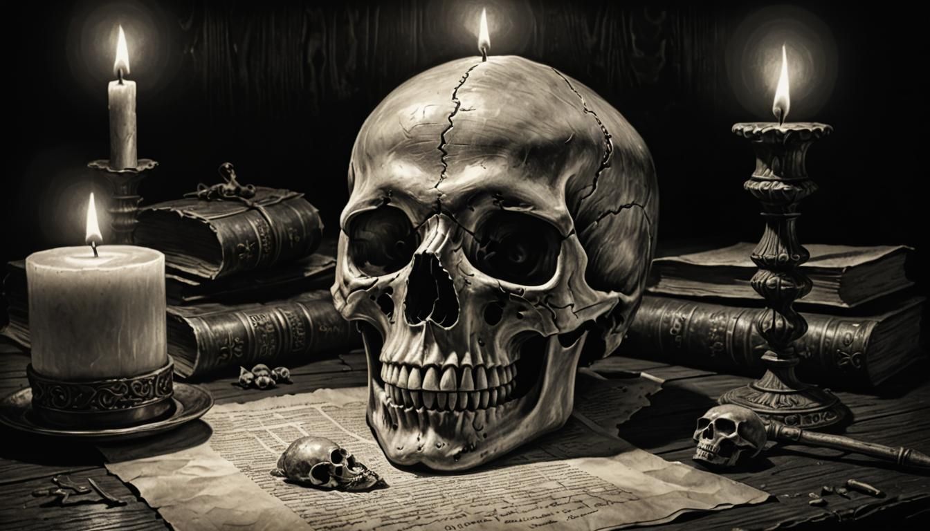 Monochromatic Skull Still Life in Dark Academic Style