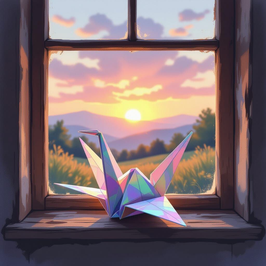Iridescent Origami Crane in Watercolor Style