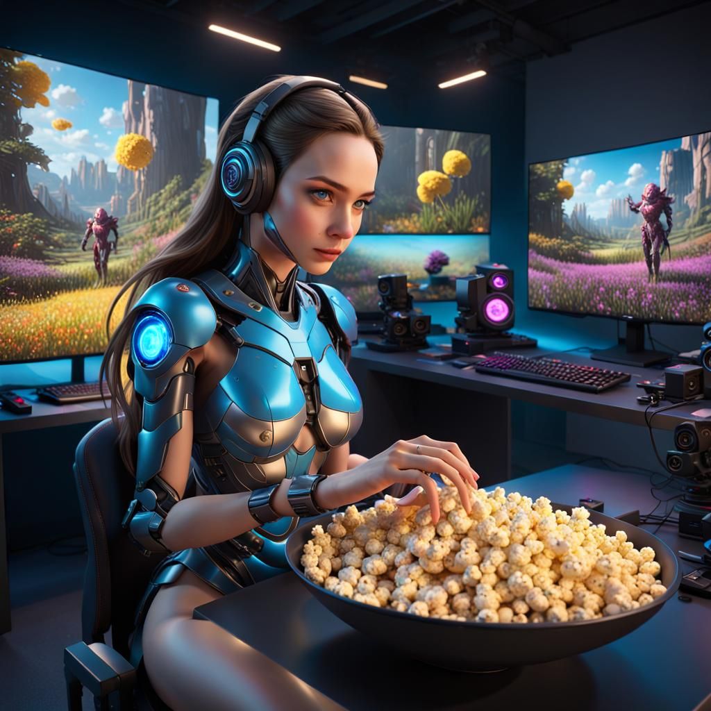 High-Tech Gaming Studio with Humanoid Woman