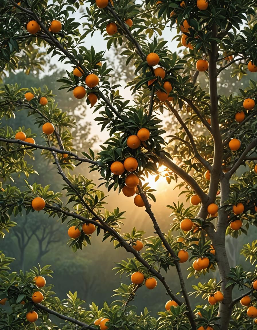 Hyperrealistic Orange Tree Branch in Morning Light