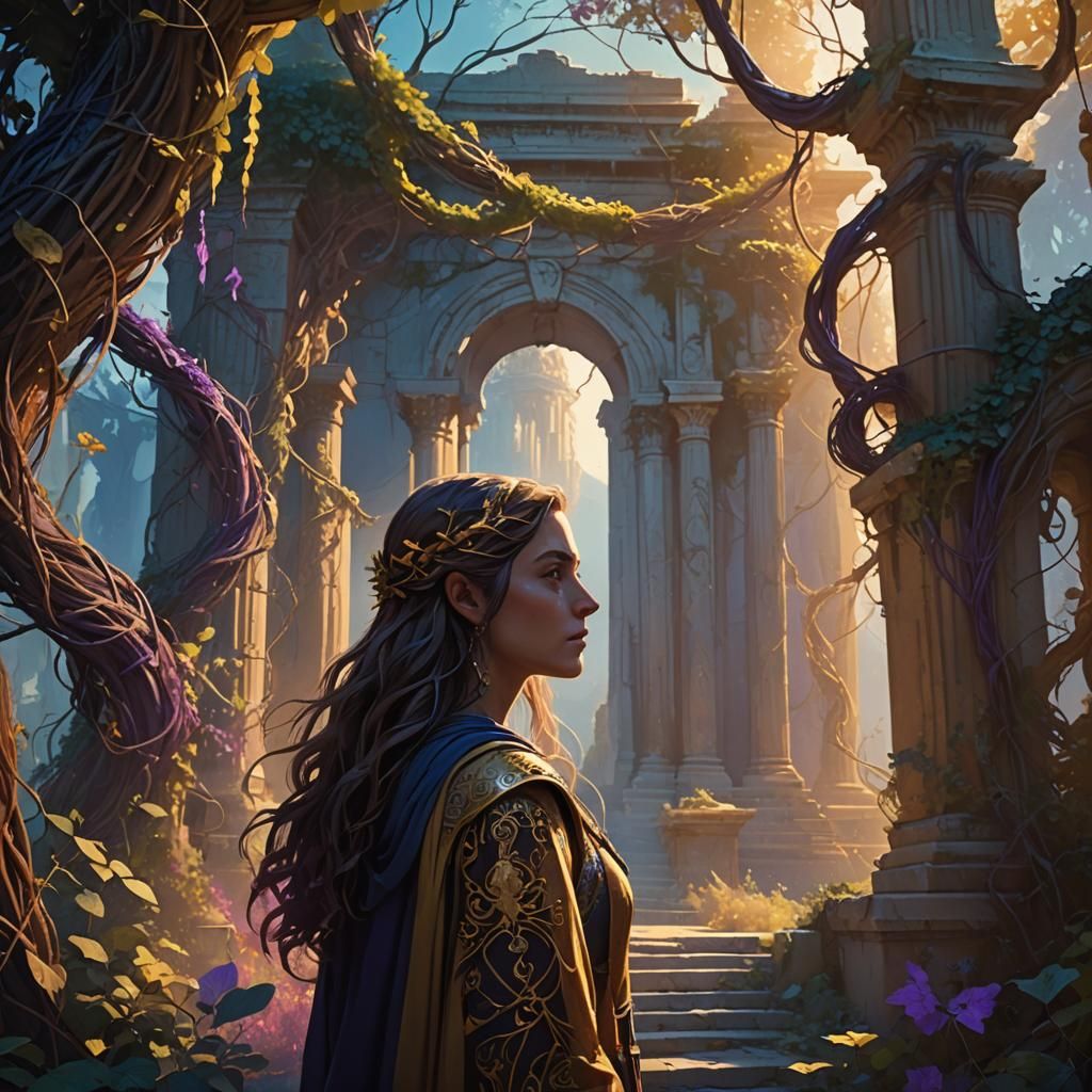 Temple Dreamscape: Hair Vines and Golden Light