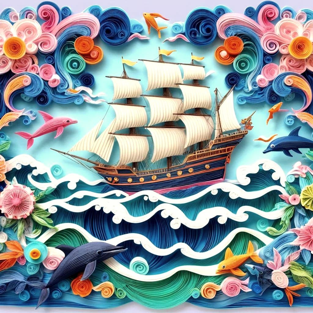 Vibrant Paper Art: Nautical Scene with Ship