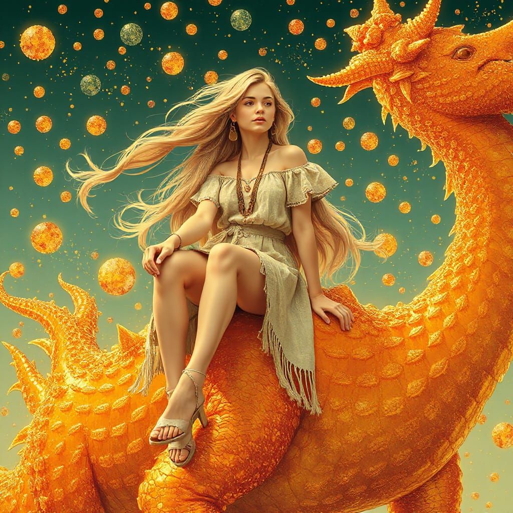 Woman on Gummy Dragon in Effervescent Sea, Art Nouveau Style