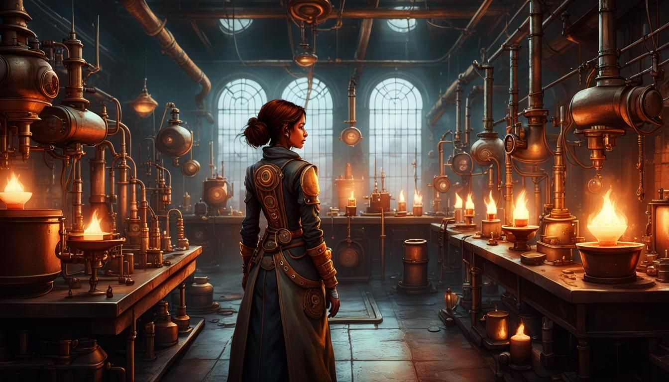 Cybernetic Alchemist in Steampunk Laboratory