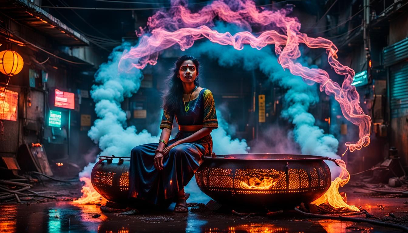 Cyberpunk Alchemist Portrait with Floating Cauldron