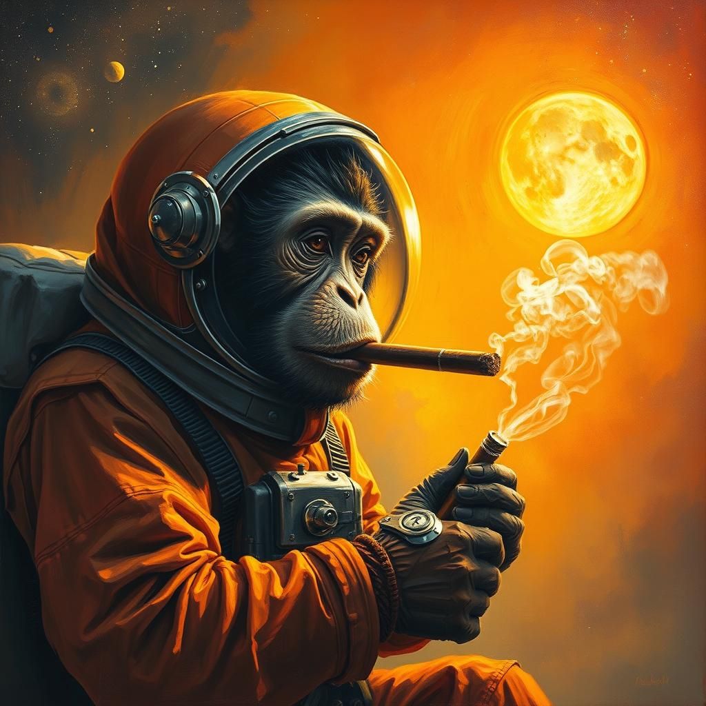 Monkey Astronaut Cigar in Nostalgic Oil Painting