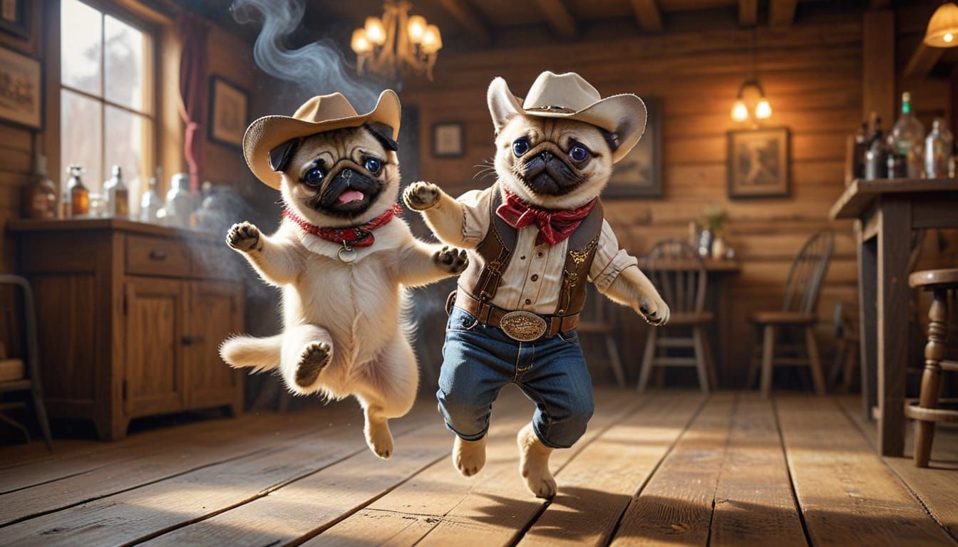 Cowboy Kittens Dancing in Saloon, Impressionist Painting