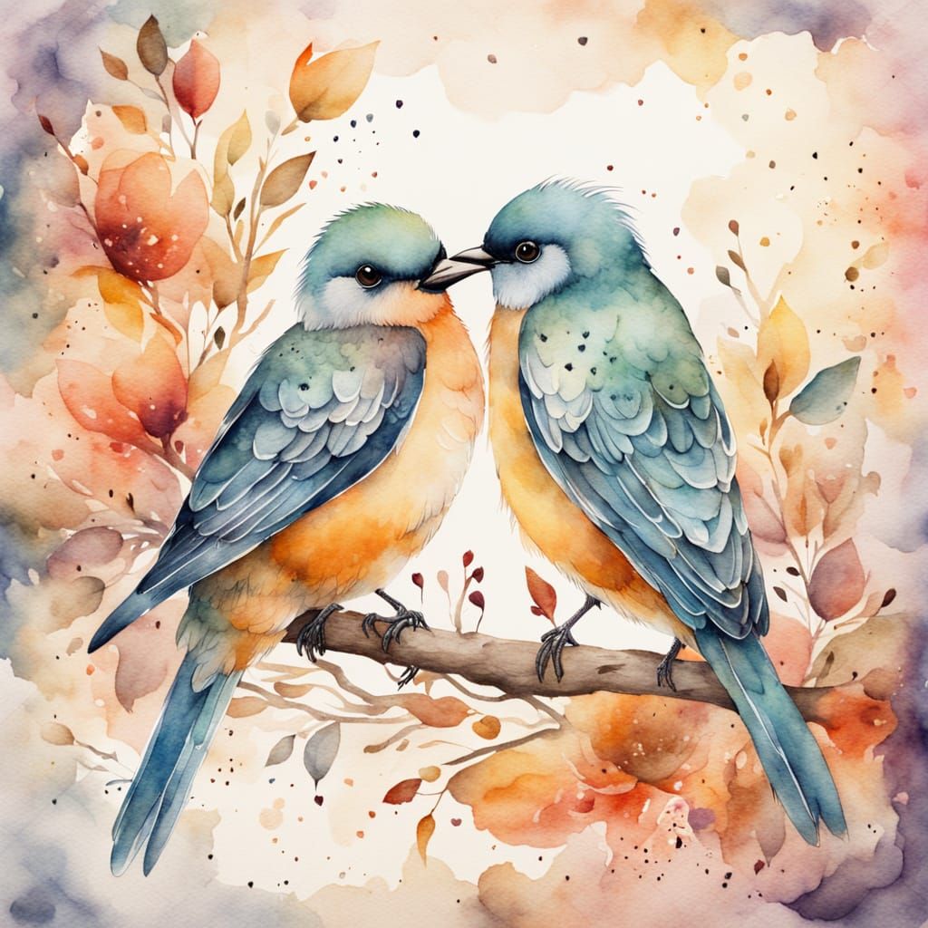 Watercolor Birds in Love on Paper