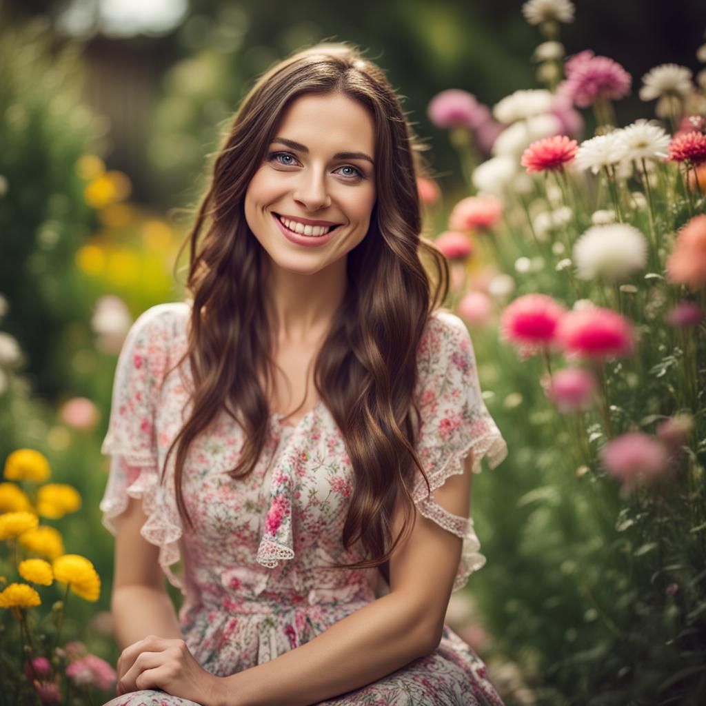 Smiling Brunette in Flower Garden: Professional Photography