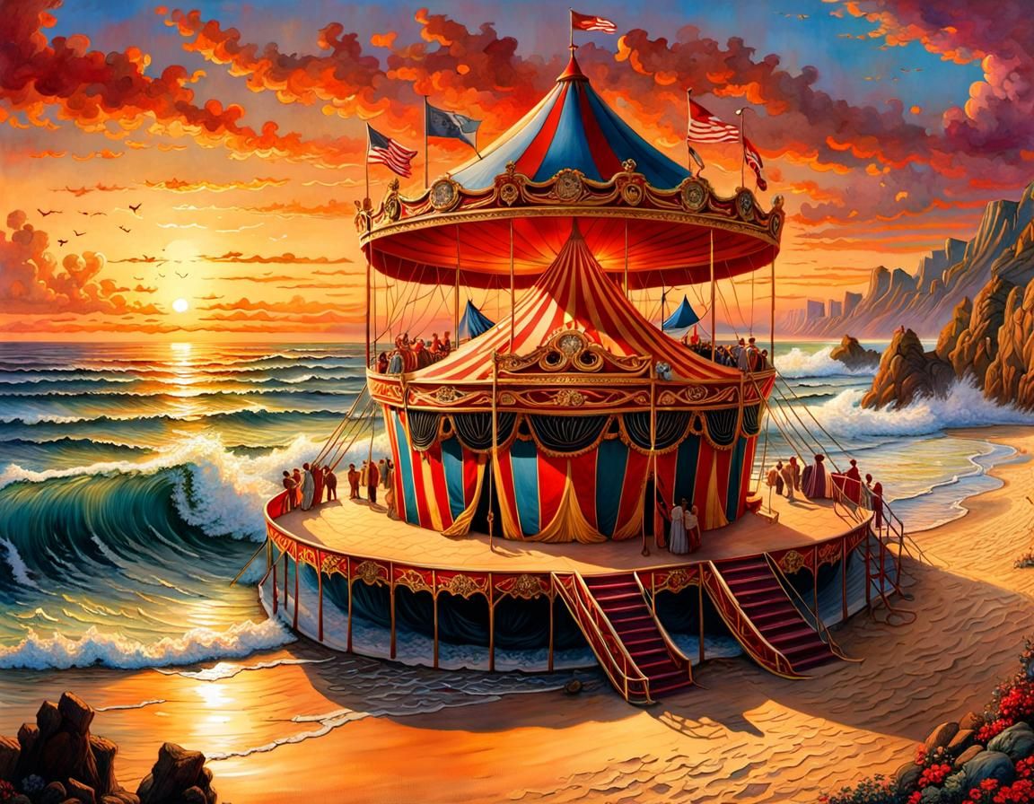 Ornate Circus on Beach at Sunset: Dark Fantasy Art