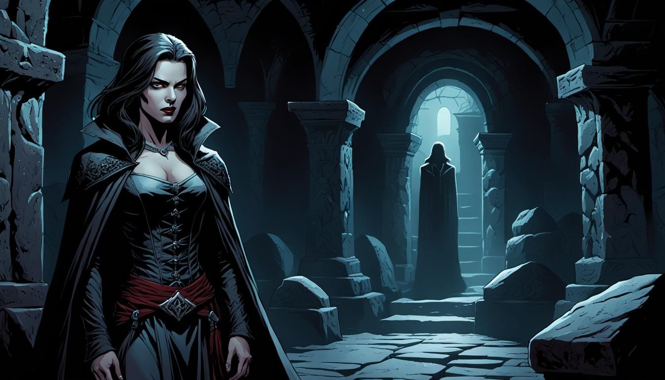 Female Vampire in Catacombs: Comicbook Illustration