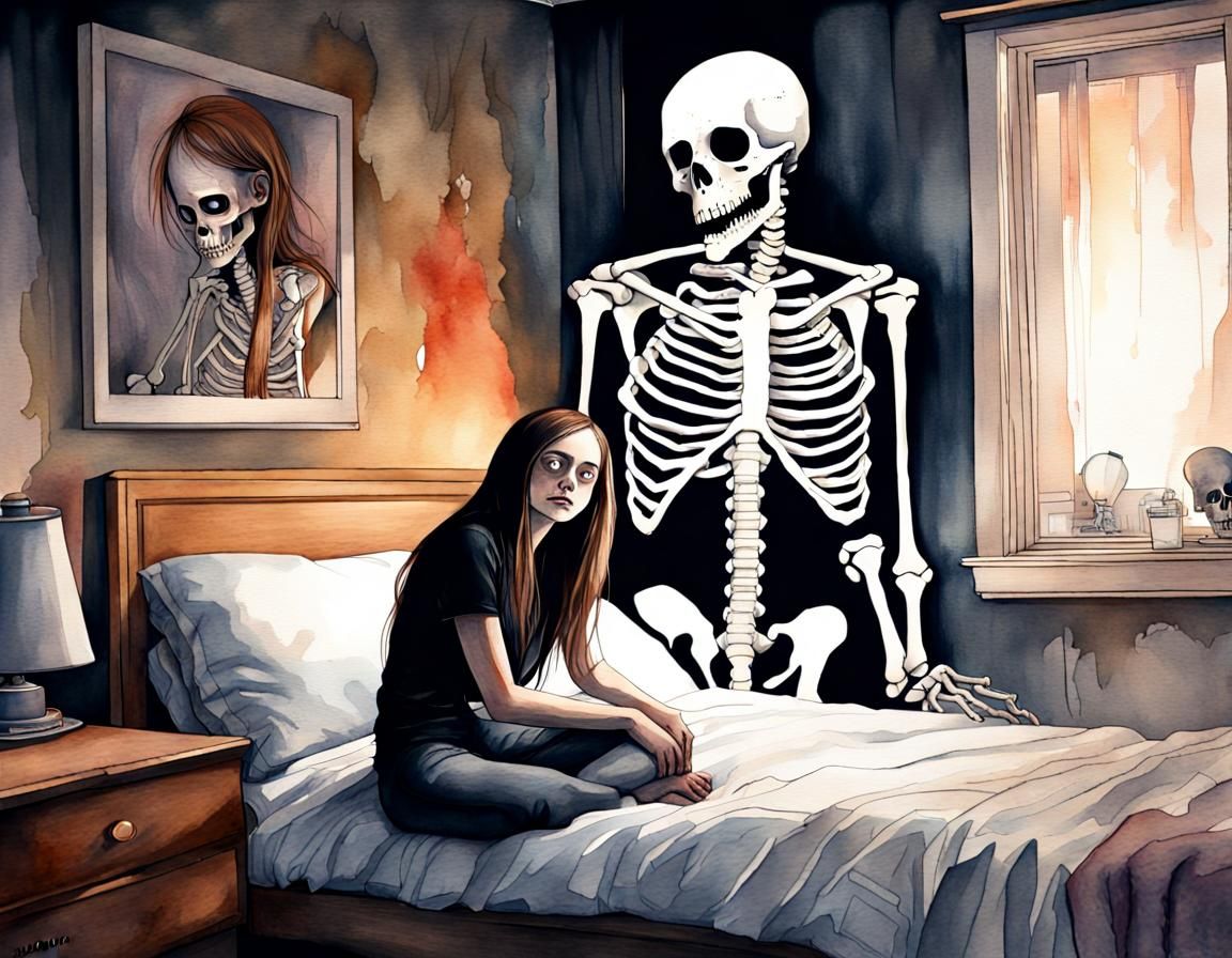 Girl Hugging Skeleton: Sinister Horror Watercolor