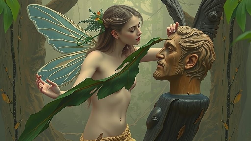 19th Century Pre-Raphaelite Fairy Touches Wooden Statue