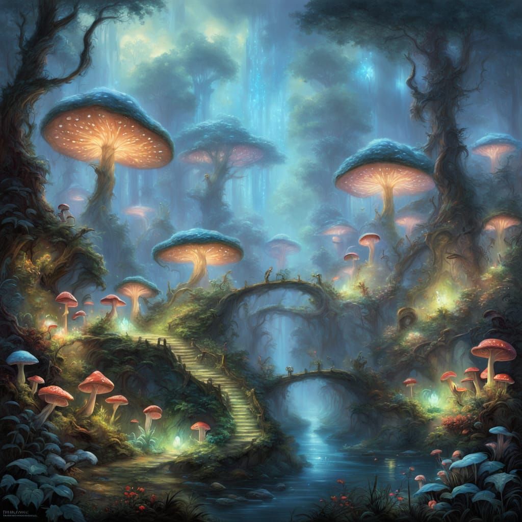 Bioluminescent Jungle with Strange Mushrooms