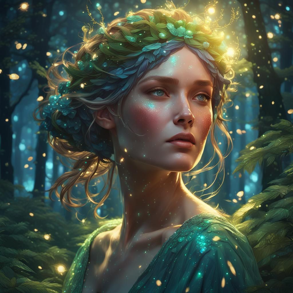 Nymph in Sparkling Forest: Hyperdetailed Digital Portrait