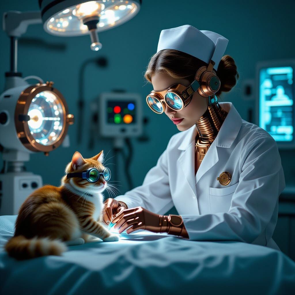 Copper Fembot Nurse with Goggles Tends Retro Device