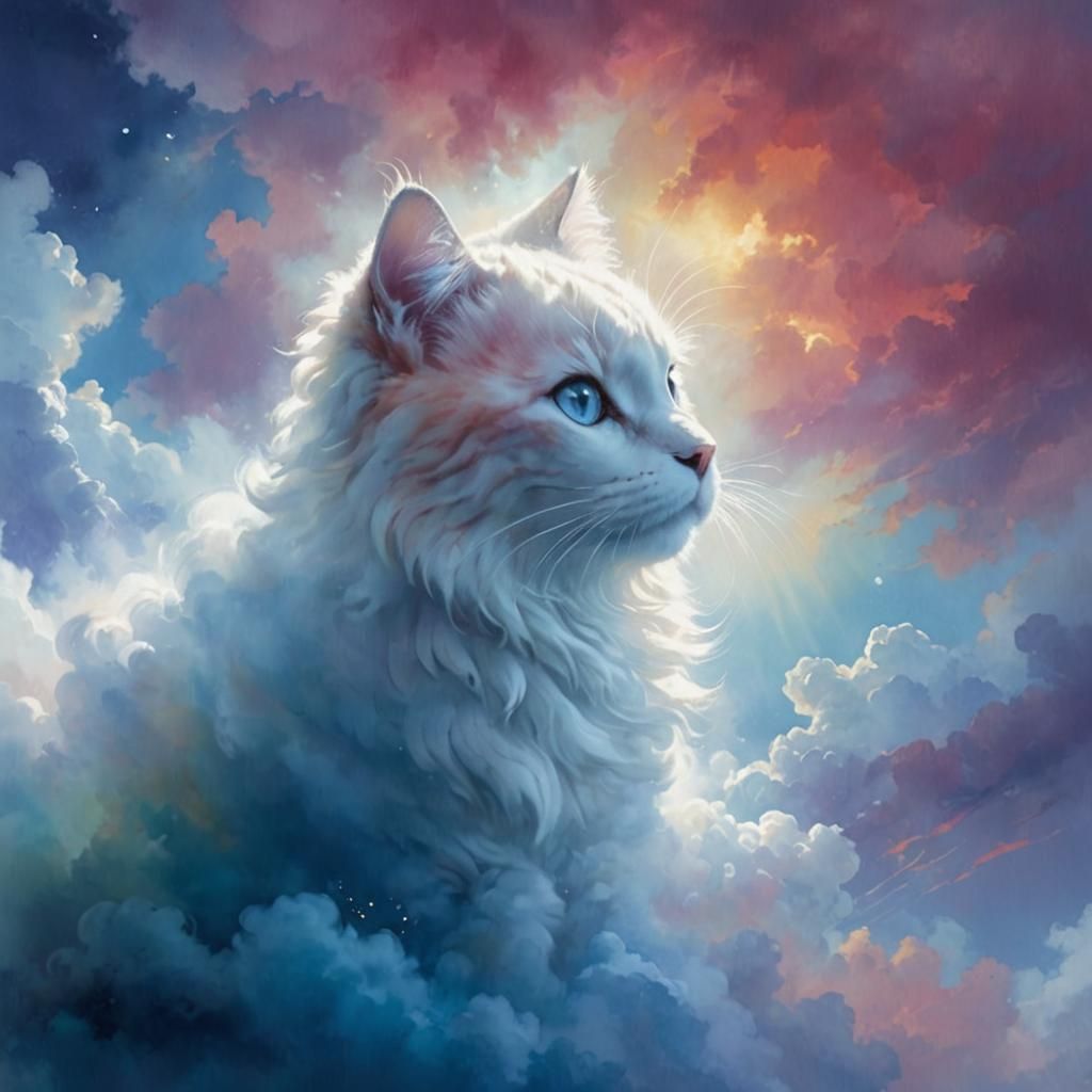 Watercolor Cloud Cat Illustration in Ethereal Style