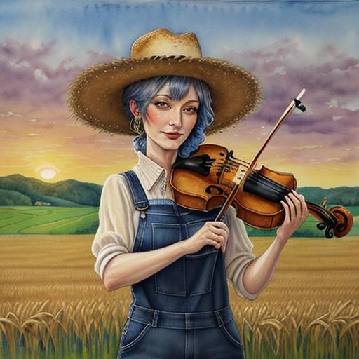Cat Farmer Plays Fiddle: Watercolor Alcohol Ink Art