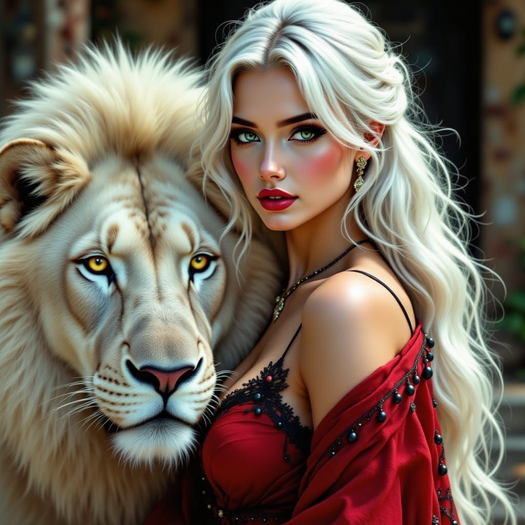 Elegant Warrior Goddess with White Lion by Her Side