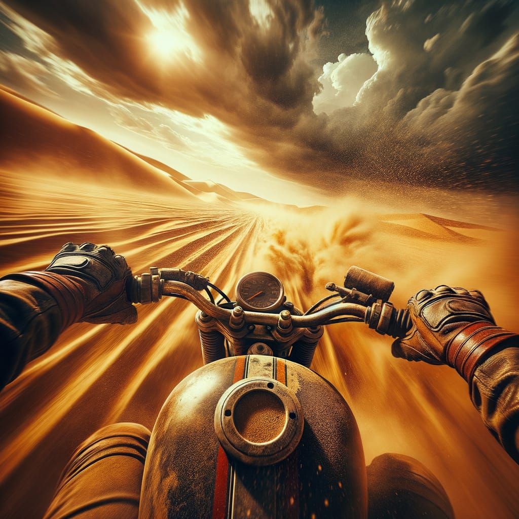 Vintage Motorcycle Speeding Through Desert in Post-Apocalypt...