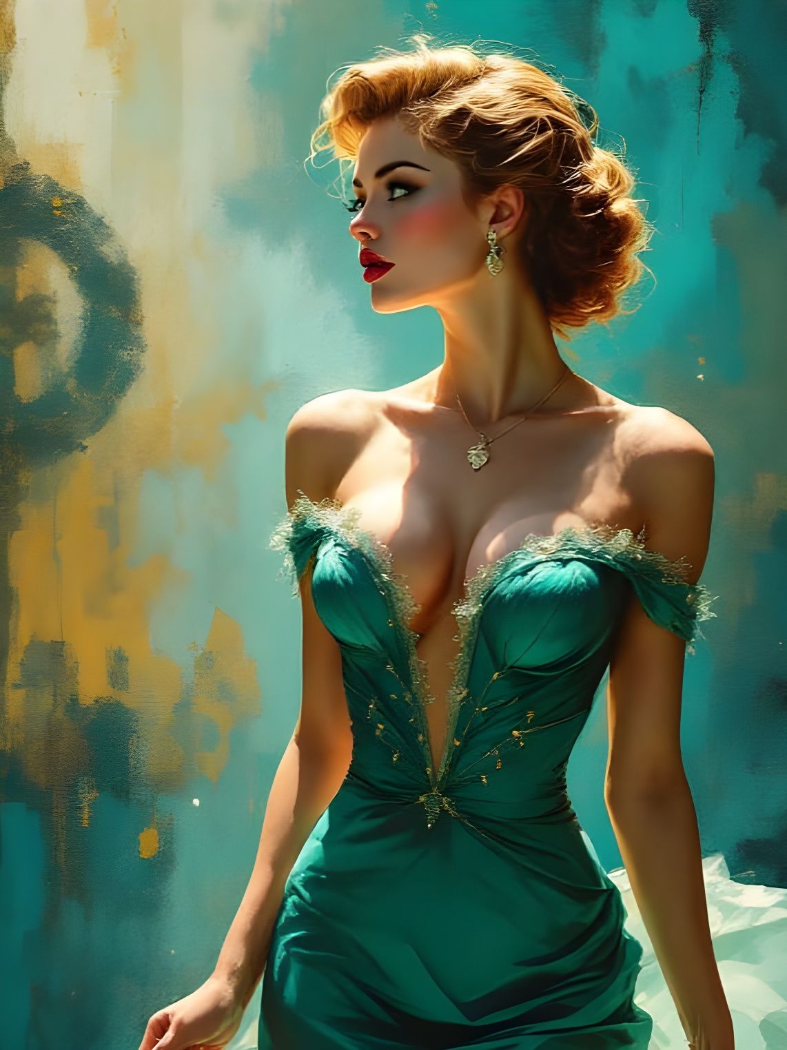 1950s Pin Up Woman Emerging from Teal Mist and Gold Feathers