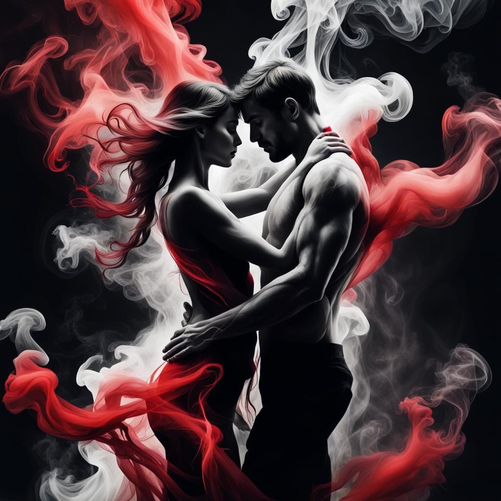 Romantic Couple's Embrace in Abstract Smoke