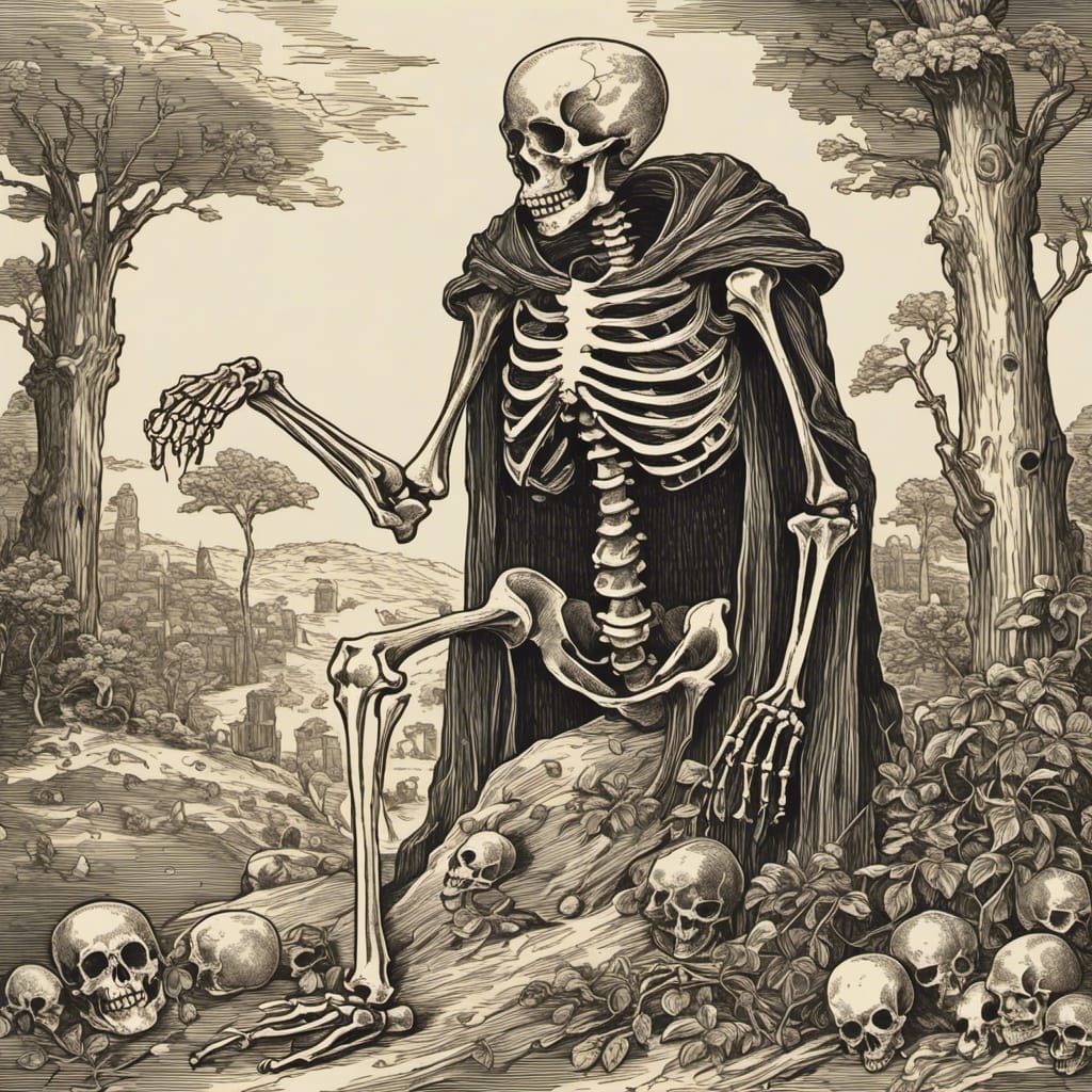 Medieval Skeleton in Woodcut Style