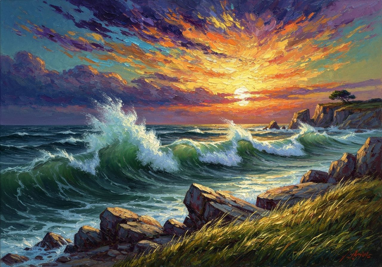 Stormy Sunset Seascape as Impasto Painting
