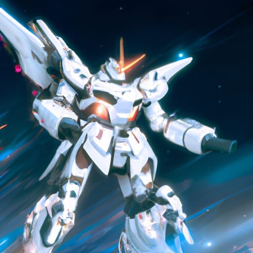 Unicorn Gundam Soaring Through Space in Anime Style