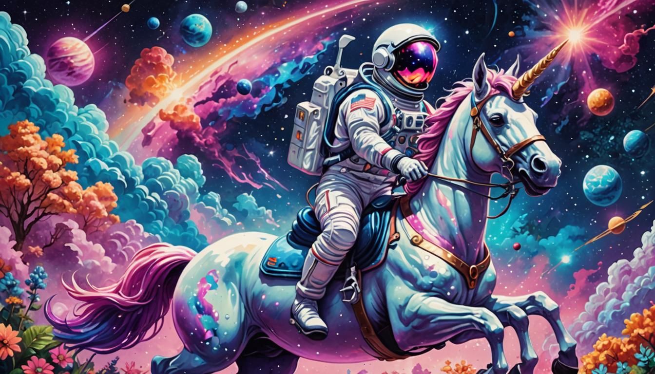 Astronaut riding a cosmic unicorn