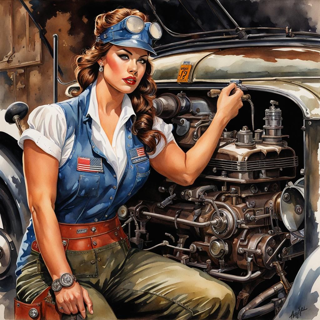 Steampunk Pin-Up Auto Mechanic in Watercolor and Ink