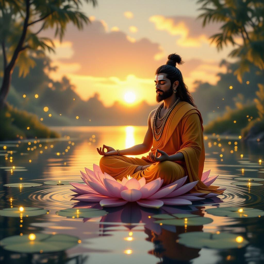 Yogi Meditating on Luminous Lotus in Sunrise Lake