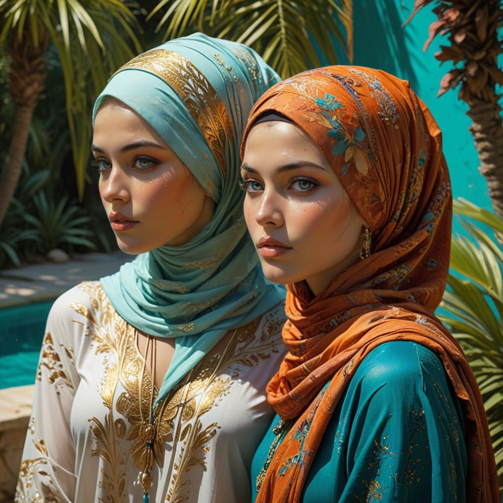 Two Women in Hijabs Amidst a Vibrant Oasis Scene, in a Neo-E...